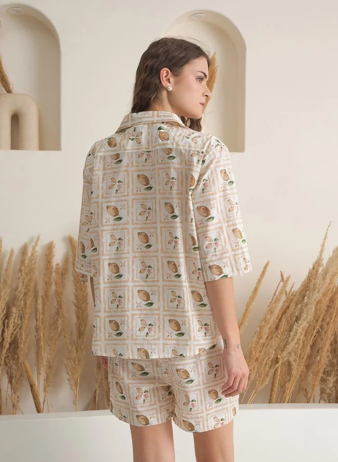 sanskrutihomes Sanskrutihomes Women Cream All-Over Print Pure Cotton Shirt and Shorts Set
