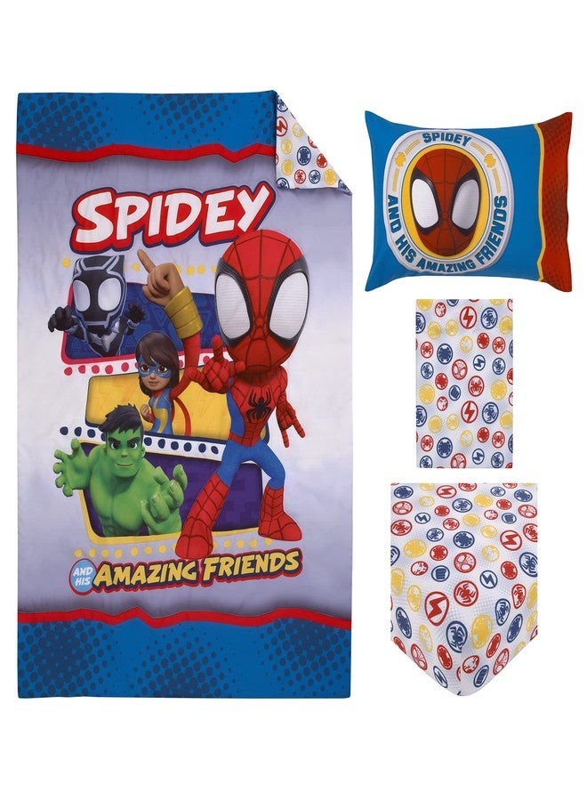 NoJo Marvel Spidey and His Amazing Friends Blue, Red, Yellow, and Green, Team Up 4 Piece Toddler Bed Set - Comforter, Fitted Bottom Sheet, Flat Top Sheet, and Reversible Pillowcase - Image 1