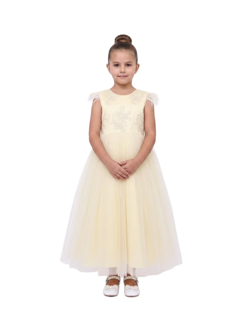 Bidani White Feather Accented Party Gown