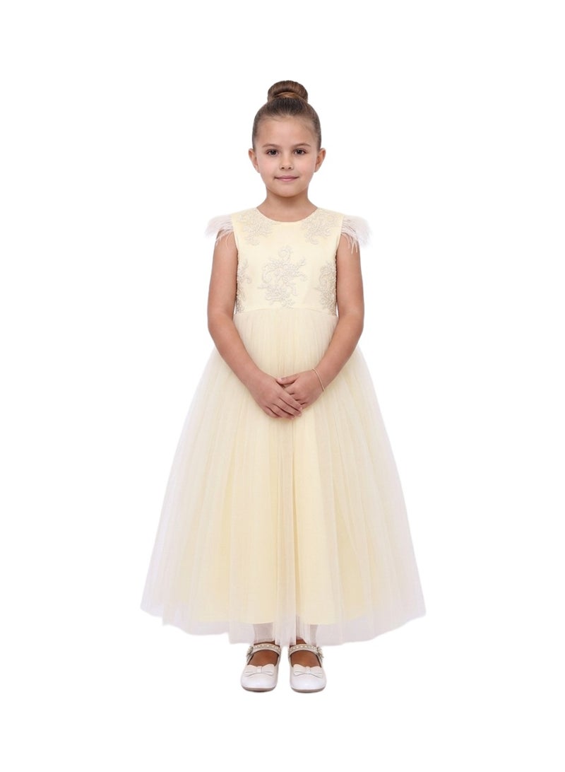 Bidani Cream Feather Accented Party Gown - Image 1