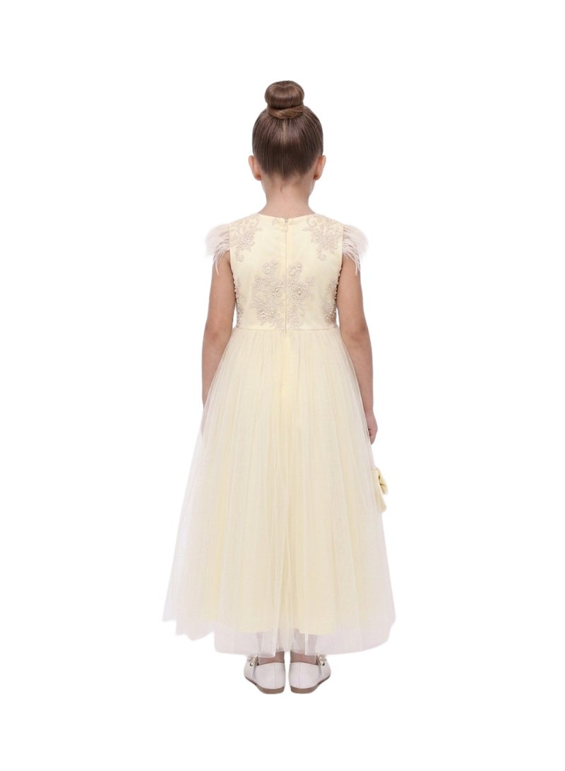 Bidani Cream Feather Accented Party Gown - Image 3