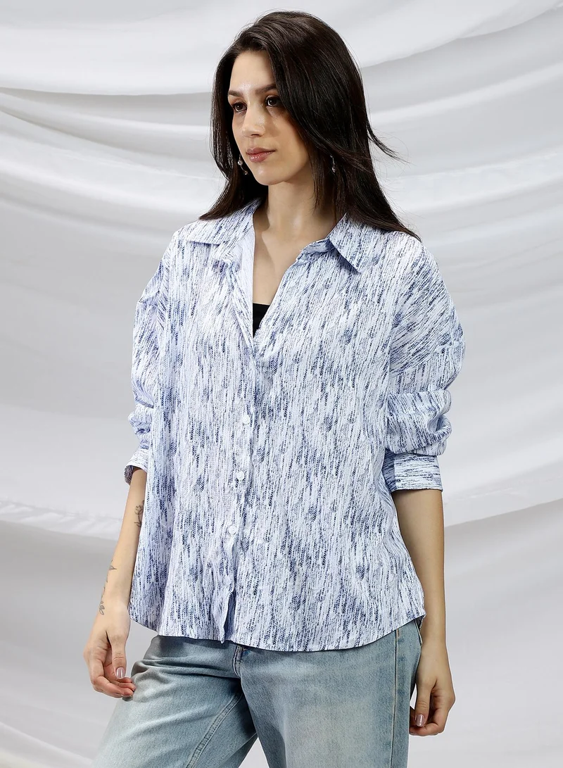 Campus Sutra Campus Sutra Women's Cream White & Navy Blue Contrast Grazed Relaxed Shirt For Casual Wear | Spread Collar | Long Cuffed Sleeves | Button Closure | Shirt Crafted With Comfort Fit For Everyday Wear