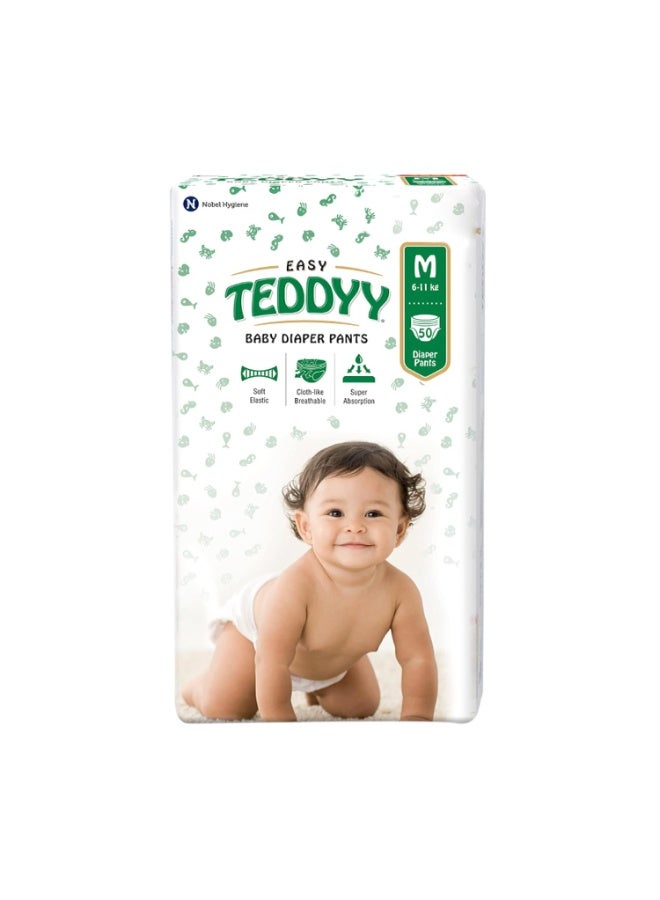 TEDDYY Easy Baby M Size Diaper Pant Style | 50 Count (Medium) | 7–12 kg (Pack of 1) | Long Protection Hours | Anti-Bacterial | Airy Breathable Fit | Rapid Soaker Channels with Wetness Indicator