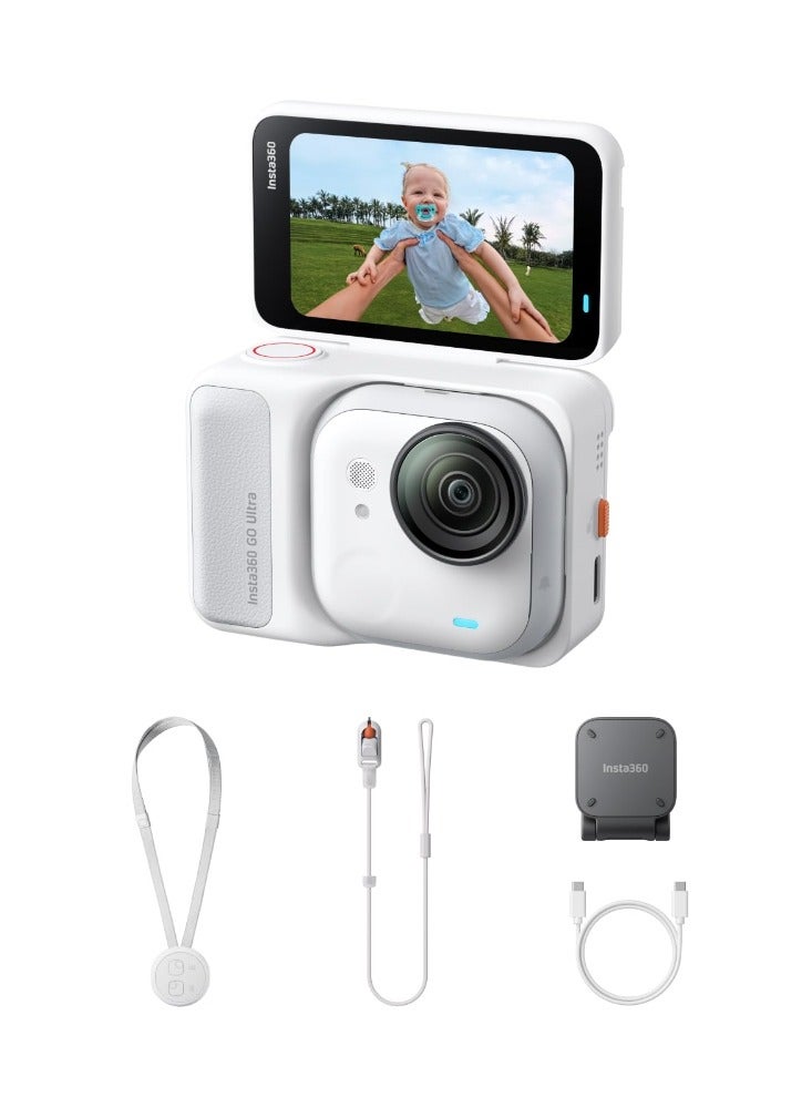 GO Ultra Standard Bundle | 4K Tiny Action Camera, Low-Light Capture, 10m Waterproof Wide-Angle, w/ Flip Screen FlowState Stabilization, Magnet Pendant, Clip for Travel & Vlogging - White