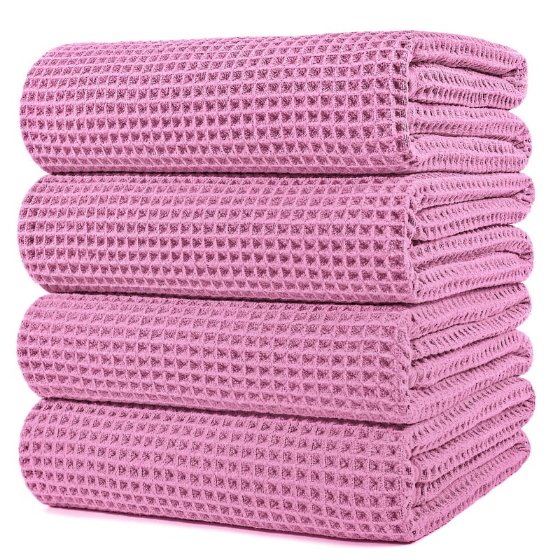 POLYTE Microfiber Oversize Quick Dry Lint Free Bath Towel 60 x 30 in 4 Pack Pink Waffle Weave