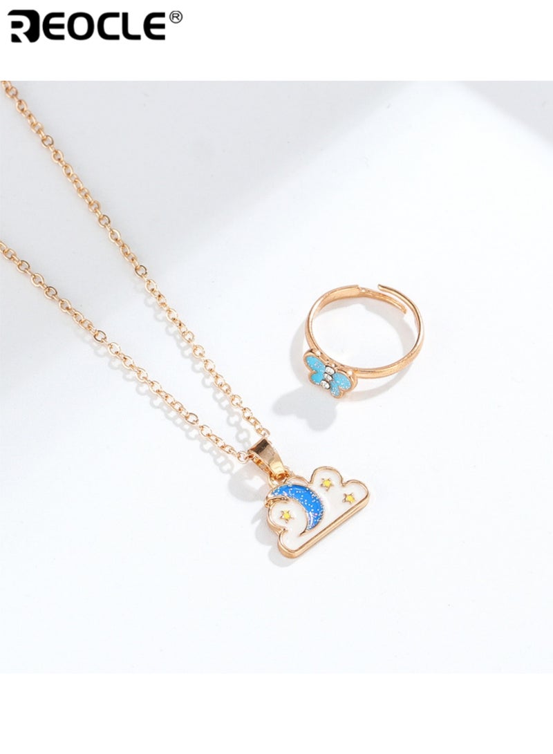 ريوكل مجموعة مجوهرات الأطفال قلادة سحابة وقمر وخاتم فراشة إكسسوارات للارتداء اليومي العارض مجموعة إكسسوارات بتصميم مرح - Image 1