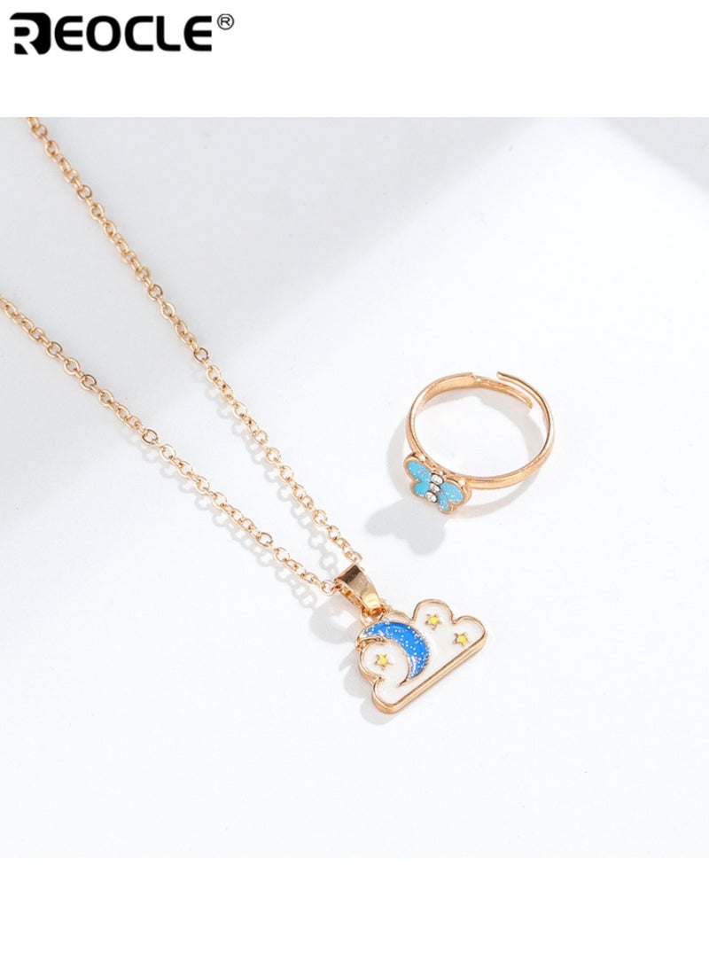 ريوكل مجموعة مجوهرات الأطفال قلادة سحابة وقمر وخاتم فراشة إكسسوارات للارتداء اليومي العارض مجموعة إكسسوارات بتصميم مرح - Image 4