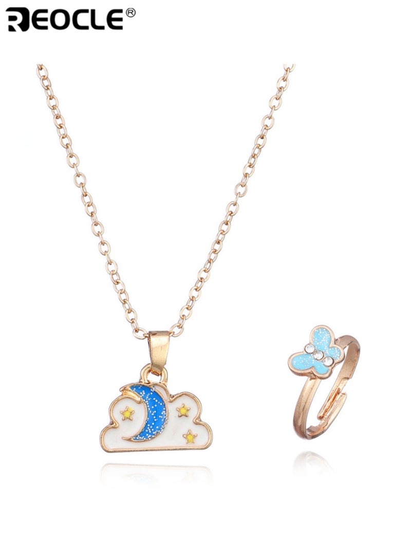 ريوكل مجموعة مجوهرات الأطفال قلادة سحابة وقمر وخاتم فراشة إكسسوارات للارتداء اليومي العارض مجموعة إكسسوارات بتصميم مرح - Image 2