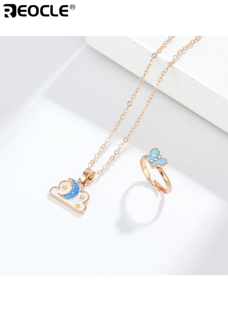 ريوكل مجموعة مجوهرات الأطفال قلادة سحابة وقمر وخاتم فراشة إكسسوارات للارتداء اليومي العارض مجموعة إكسسوارات بتصميم مرح - Image 3