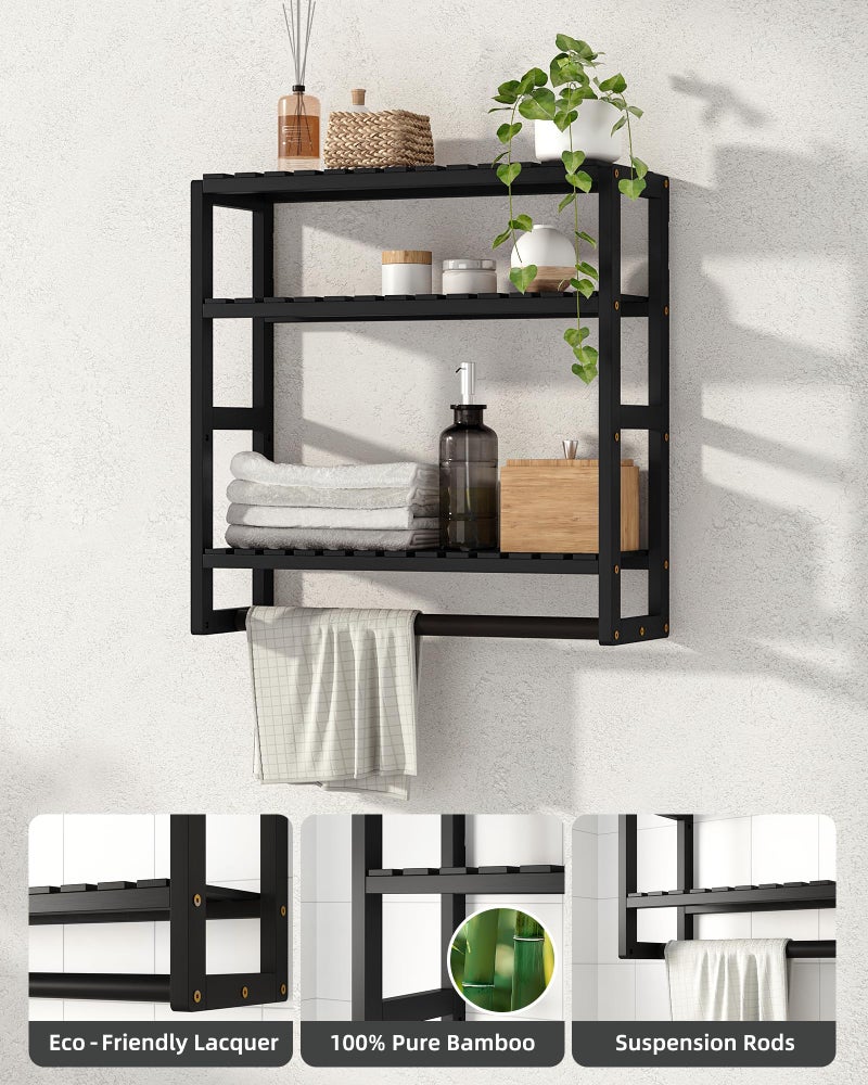 Galood Over The Toilet Storage Bathroom Shelves Wall Mounted 3 Tier Space Saver Corner Shelf Organizer Bamboo Towel Rack Toilet Paper Cabinet with Hanging Rod Black - Image 2