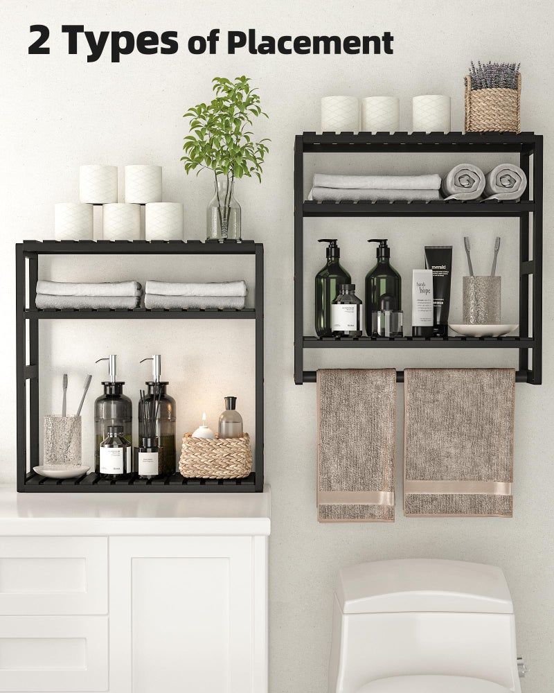 Galood Over The Toilet Storage Bathroom Shelves Wall Mounted 3 Tier Space Saver Corner Shelf Organizer Bamboo Towel Rack Toilet Paper Cabinet with Hanging Rod Black - Image 4