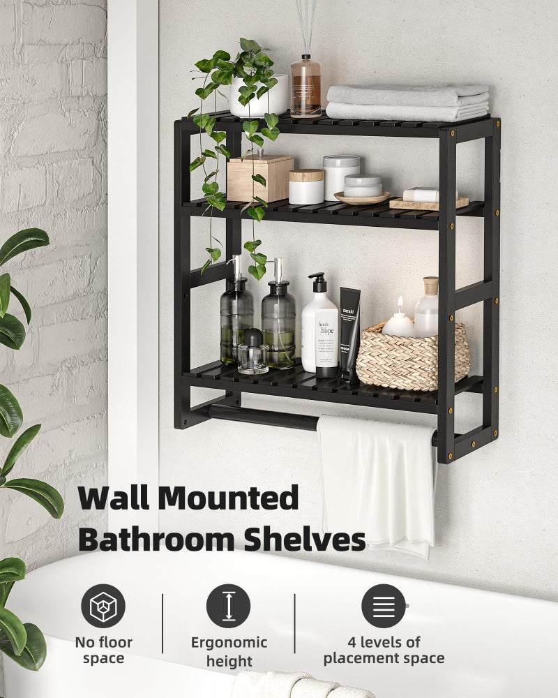 Galood Over The Toilet Storage Bathroom Shelves Wall Mounted 3 Tier Space Saver Corner Shelf Organizer Bamboo Towel Rack Toilet Paper Cabinet with Hanging Rod Black - Image 3