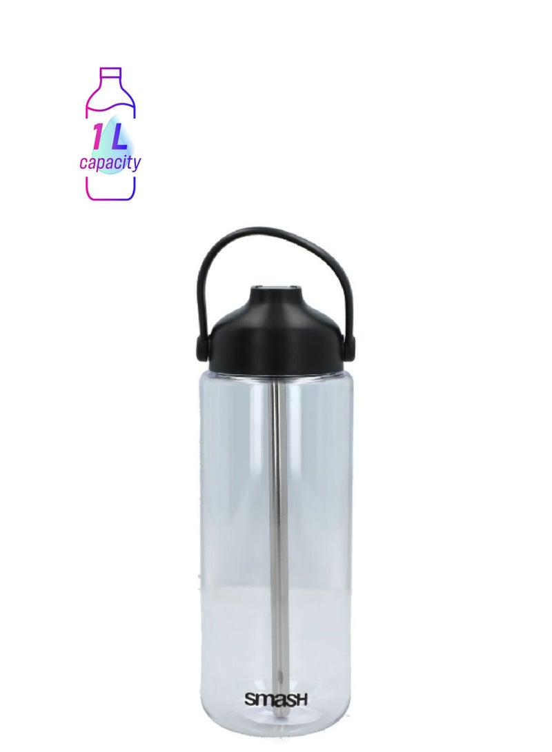 smash Premium Plastic and Long Lasting Water Bottle with Straw Clear and Black 1 L 34258 - Image 1