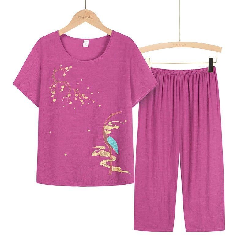 Middle-aged and Elderly Mothers Cotton and Linen Suit Old Ladys Short-sleeved Top Grandmas Summer Two-piece Set Middle-aged Clothes for Women Fuchsia - Image 1