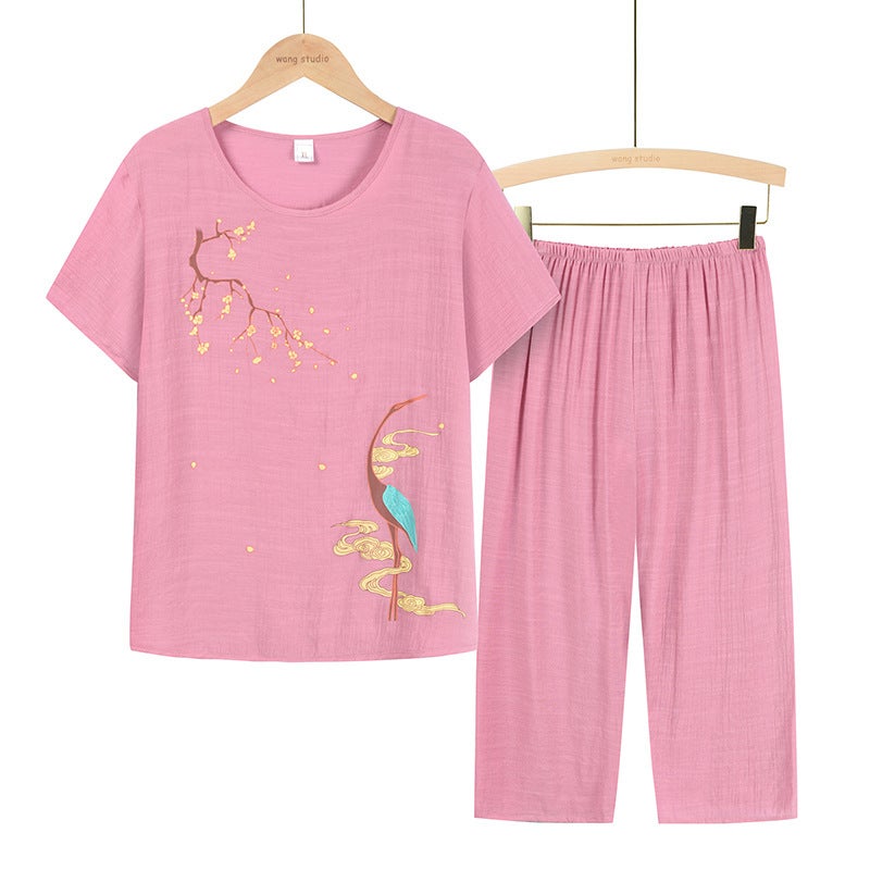Middle-aged and Elderly Mothers Cotton and Linen Suit Old Ladys Short-sleeved Top Grandmas Summer Two-piece Set Middle-aged Clothes for Women Fuchsia - Image 4