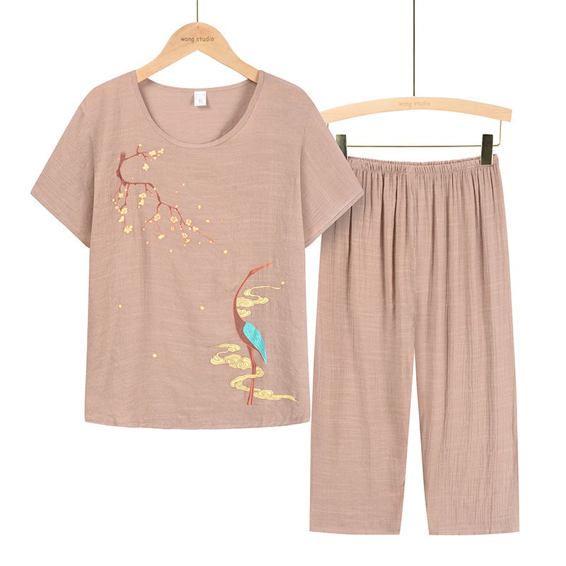 Middle-aged and Elderly Mothers Cotton and Linen Suit Old Ladys Short-sleeved Top Grandmas Summer Two-piece Set Middle-aged Clothes for Women Fuchsia - Image 3