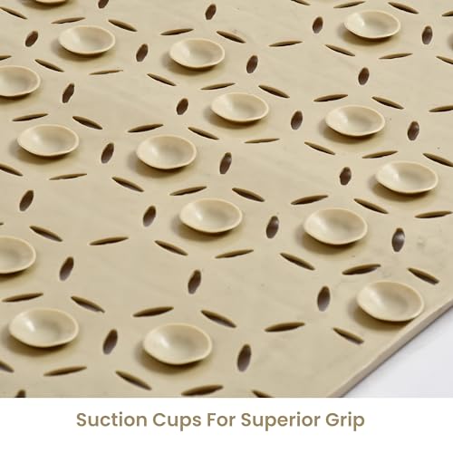 Yellow Weaves Rubber Anti Skid Shower Mat|Versatile Bathroom Safety|Ideal for Bathroom,Bathtub|Anti-Slip Mat with Suction Cups,Drain Holes & Comfortable Textured Surface (Beige,75 x 43 cm),Rectangular - Image 3