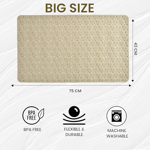 Yellow Weaves Rubber Anti Skid Shower Mat|Versatile Bathroom Safety|Ideal for Bathroom,Bathtub|Anti-Slip Mat with Suction Cups,Drain Holes & Comfortable Textured Surface (Beige,75 x 43 cm),Rectangular - Image 4