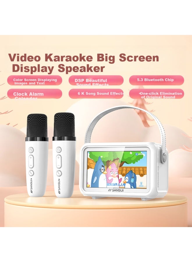 ميكروفون فيديو كاريوكي D76 مكبر صوت ميكروفون لاسلكي شامل جهاز غناء، نظام صوتي منزلي Ktv مع بطاقة صوت مدمجة، متخصص للتلفاز، هدية عيد ميلاد للأطفال، أبيض