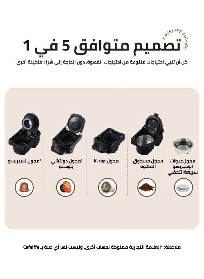 Cafelffe New 5 In 1 Automatic Capsule Coffee Machine Hot Cold Espresso Coffee Maker With 7 Levels LED Bar Indicator For Nespresso Capsule Dolce Gusto Capsule Kcup Capsule ESE Pod And Powder 0.6L Black - Image 2