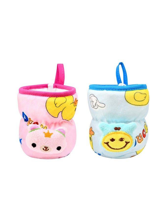 The Little Lookers Soft Plush Stretchable Baby Feeding Bottle Cover With Easy To Hold Strap ; Cute Animated Overall Print Pack Of 2 (Pink & Blue Wide Neck 125Ml;4Oz)