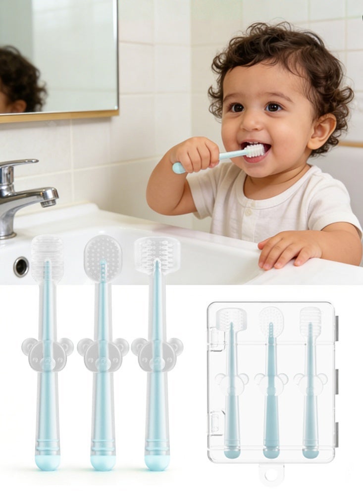 بي بي مور طقم مكوّن من 3 قطع: منظف لسان للأطفال + فرشاة تنظيف أسنان على شكل U + فرشاة الأسنان الأولى للتسنين، مجموعة فرش أسنان من السيليكون لحديثي الولادة والرضّع والأطفال الصغار من عمر 0 إلى 18 شهرًا، منظف لسان وفرشاة أسنان لتنظيف اللثة والفم - Image 1