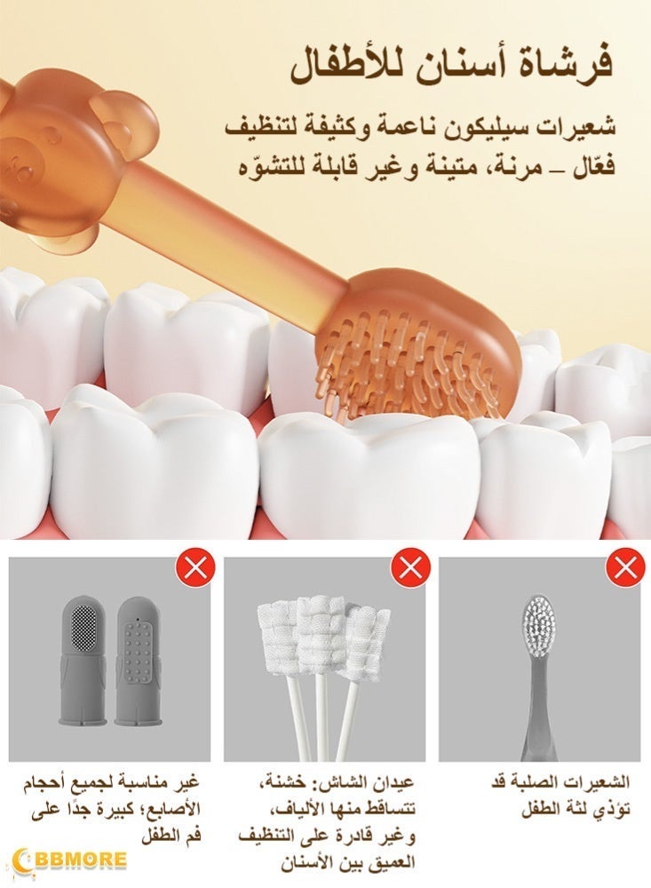 بي بي مور طقم مكوّن من 3 قطع: منظف لسان للأطفال + فرشاة تنظيف أسنان على شكل U + فرشاة الأسنان الأولى للتسنين، مجموعة فرش أسنان من السيليكون لحديثي الولادة والرضّع والأطفال الصغار من عمر 0 إلى 18 شهرًا، منظف لسان وفرشاة أسنان لتنظيف اللثة والفم - Image 5