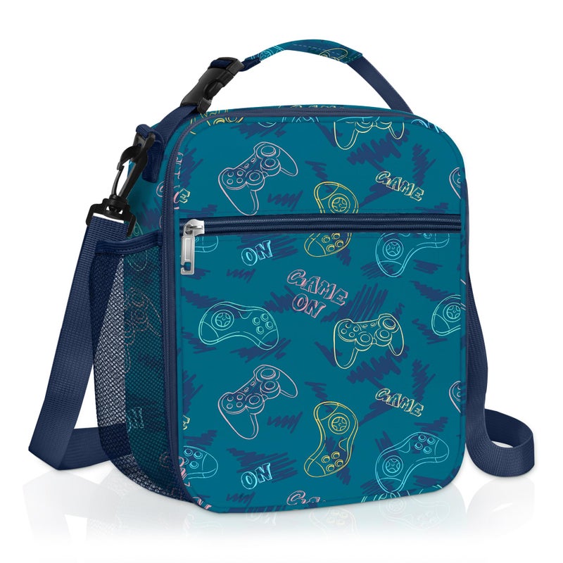 Clastyle Gamer Insulated Kids Lunch Bag Large Thermal Cooler Bag for Boy Picnic School Lunch Box ToteBlue Gamepad