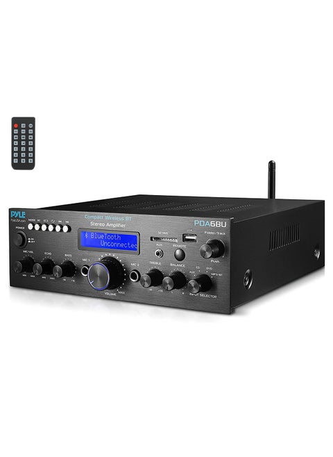 Pyle Wireless Bluetooth Power Amplifier System- 200W Dual Channel Sound Audio Stereo Receiver w/ USB, SD, AUX, MIC in w/ Echo, Radio, LCD, for Home Theater Entertainment via RCA, Studio Use- PDA6BU.7