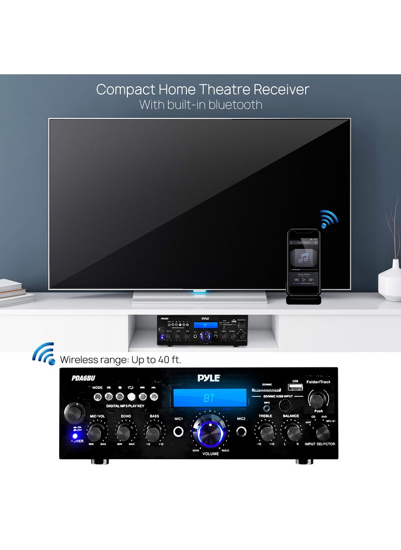 Pyle Wireless Bluetooth Power Amplifier System- 200W Dual Channel Sound Audio Stereo Receiver w/ USB, SD, AUX, MIC in w/ Echo, Radio, LCD, for Home Theater Entertainment via RCA, Studio Use- PDA6BU.7