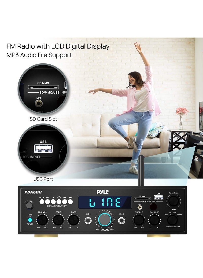 Pyle Wireless Bluetooth Power Amplifier System- 200W Dual Channel Sound Audio Stereo Receiver w/ USB, SD, AUX, MIC in w/ Echo, Radio, LCD, for Home Theater Entertainment via RCA, Studio Use- PDA6BU.7