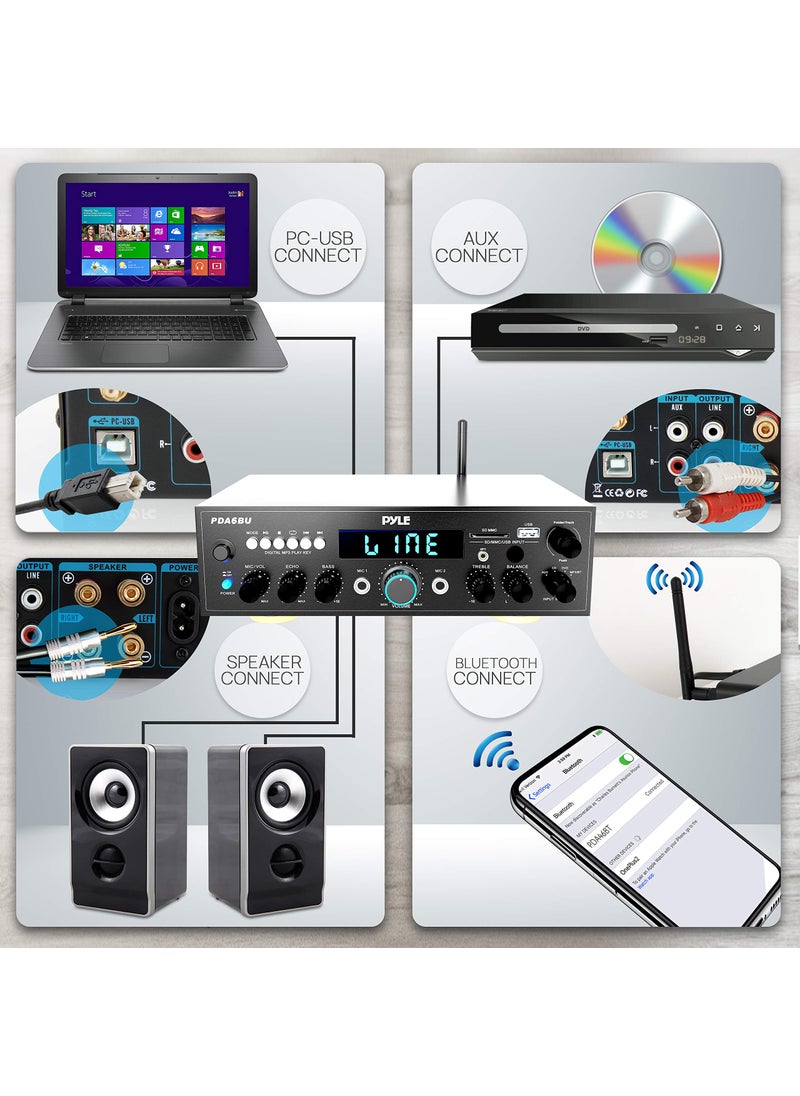 Pyle Wireless Bluetooth Power Amplifier System- 200W Dual Channel Sound Audio Stereo Receiver w/ USB, SD, AUX, MIC in w/ Echo, Radio, LCD, for Home Theater Entertainment via RCA, Studio Use- PDA6BU.7
