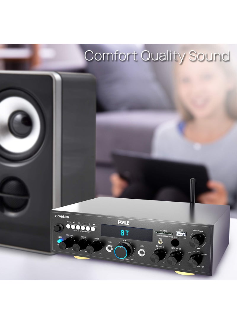 Pyle Wireless Bluetooth Power Amplifier System- 200W Dual Channel Sound Audio Stereo Receiver w/ USB, SD, AUX, MIC in w/ Echo, Radio, LCD, for Home Theater Entertainment via RCA, Studio Use- PDA6BU.7