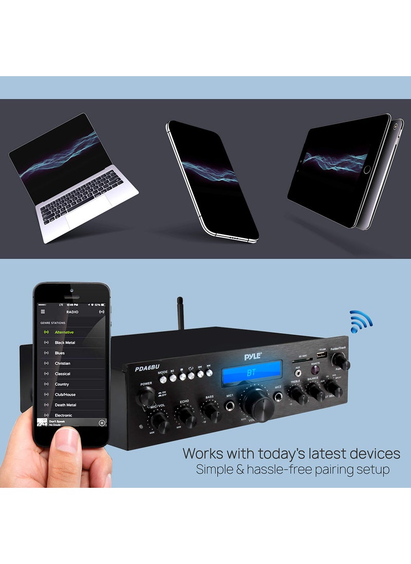 Pyle Wireless Bluetooth Power Amplifier System- 200W Dual Channel Sound Audio Stereo Receiver w/ USB, SD, AUX, MIC in w/ Echo, Radio, LCD, for Home Theater Entertainment via RCA, Studio Use- PDA6BU.7