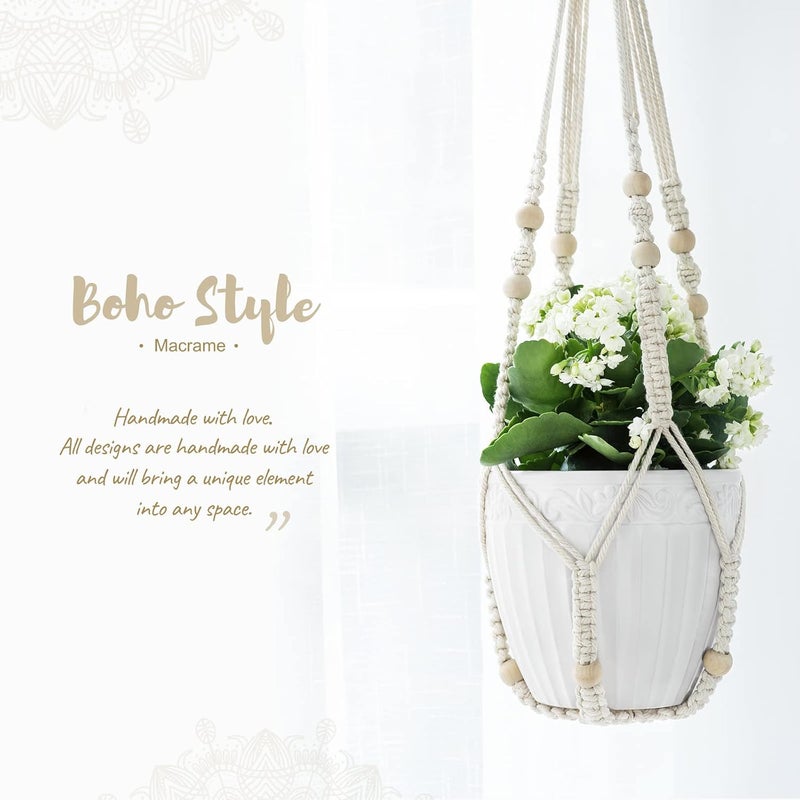 Mkono Macrame Plant Hanger Indoor Hanging Planter Basket with Wood Beads Decorative Flower Pot Holder No Tassels for Indoor Outdoor Boho Home Decor 35 Inch, Ivory, Set of 1 (POTS NOT Included) - Image 3