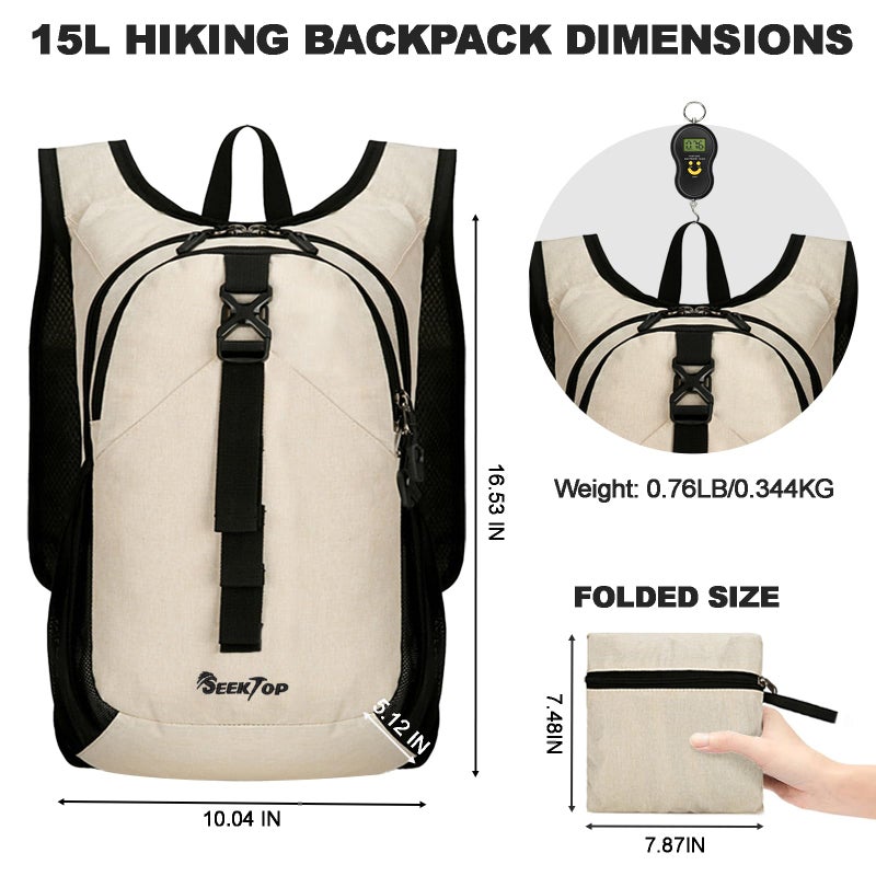 Seektop 15L Small Hiking Backpack for Women Men, Lightweight Hiking Packable Daypack with Phone Pocket for Travel Camping (Beige, 15L) - Image 4