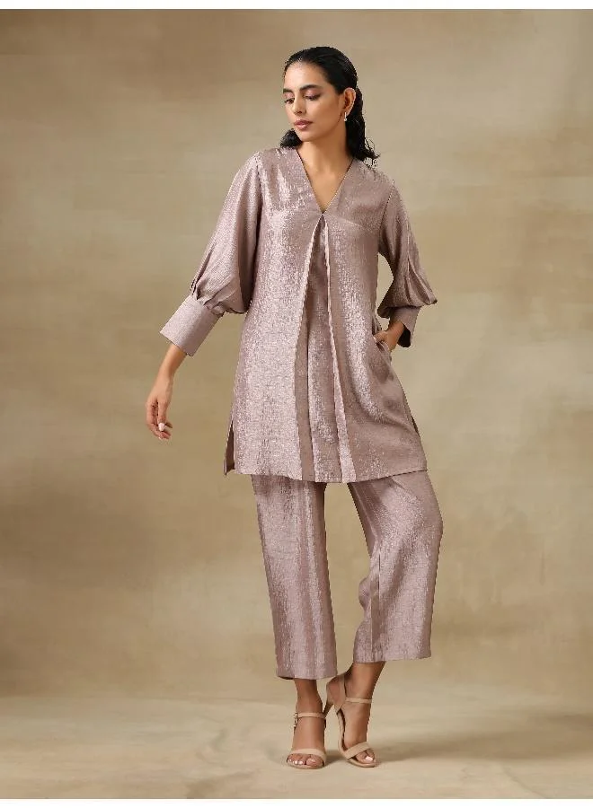trueBrowns Grey Textured Silk Neck Pleat Co-Ord Set