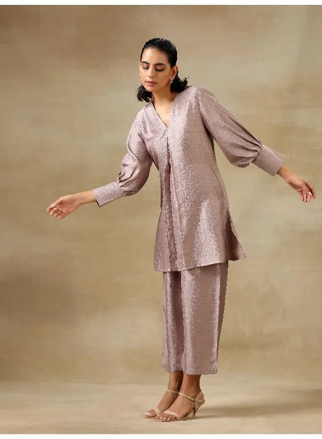 trueBrowns  Grey Textured Silk Neck Pleat Co-Ord Set for Women | Best Price UAE