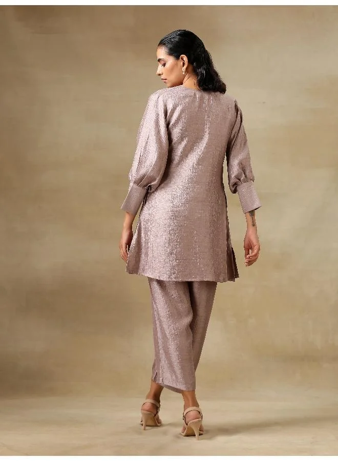 trueBrowns  Grey Textured Silk Neck Pleat Co-Ord Set for Women | Best Price UAE