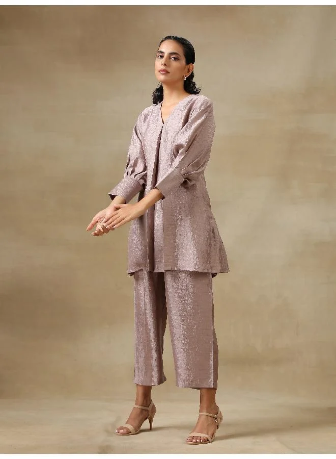 trueBrowns Grey Textured Silk Neck Pleat Co-Ord Set