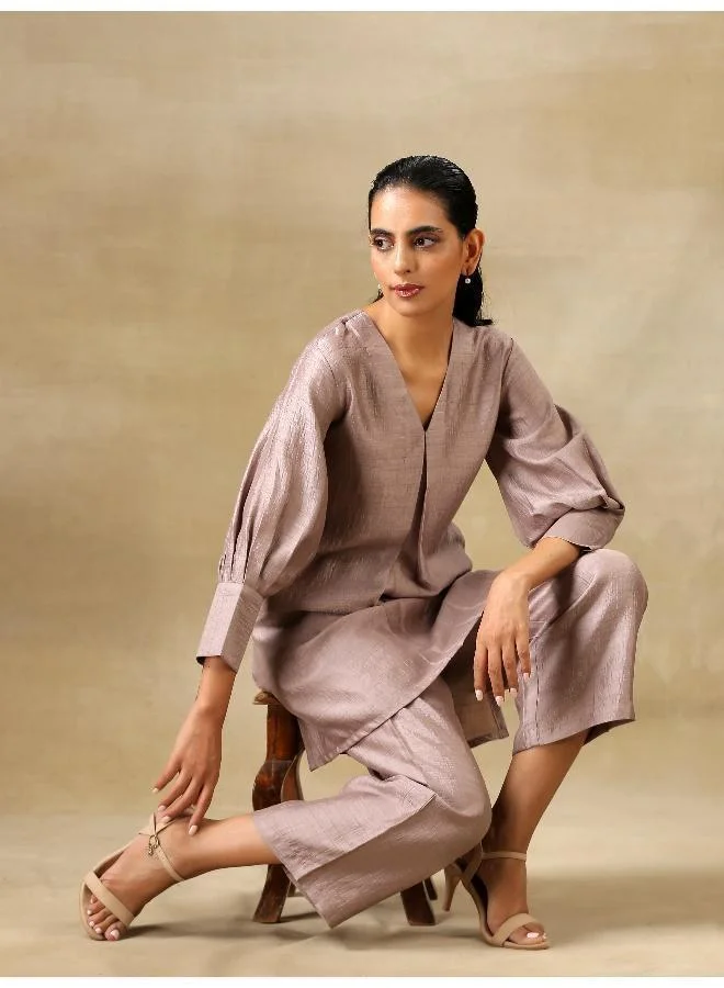trueBrowns  Grey Textured Silk Neck Pleat Co-Ord Set for Women | Best Price UAE