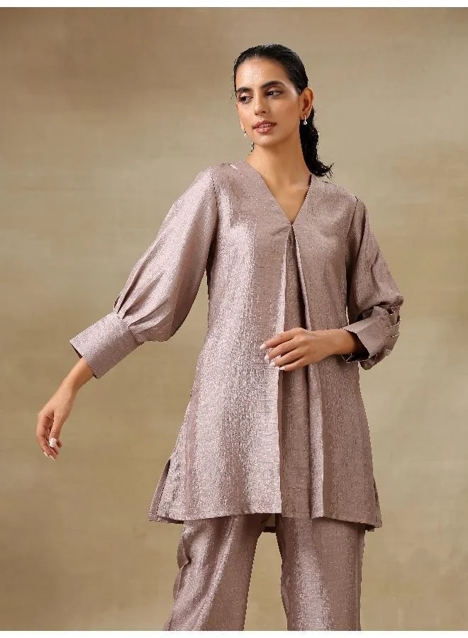 trueBrowns  Grey Textured Silk Neck Pleat Co-Ord Set for Women | Best Price UAE