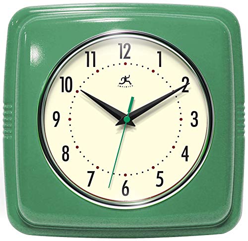 Infinity Instruments Square Silent Retro 9 inch Mid Century Modern Kitchen Diner Retro Wall Clock Quartz Sweep Movement (Green) - Image 1