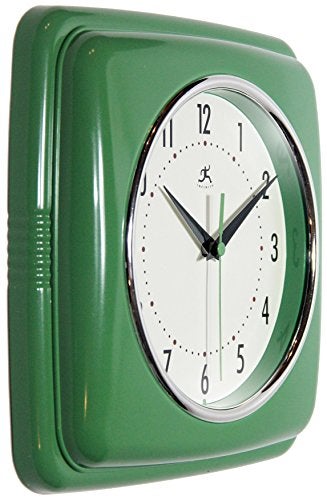 Infinity Instruments Square Silent Retro 9 inch Mid Century Modern Kitchen Diner Retro Wall Clock Quartz Sweep Movement (Green) - Image 2