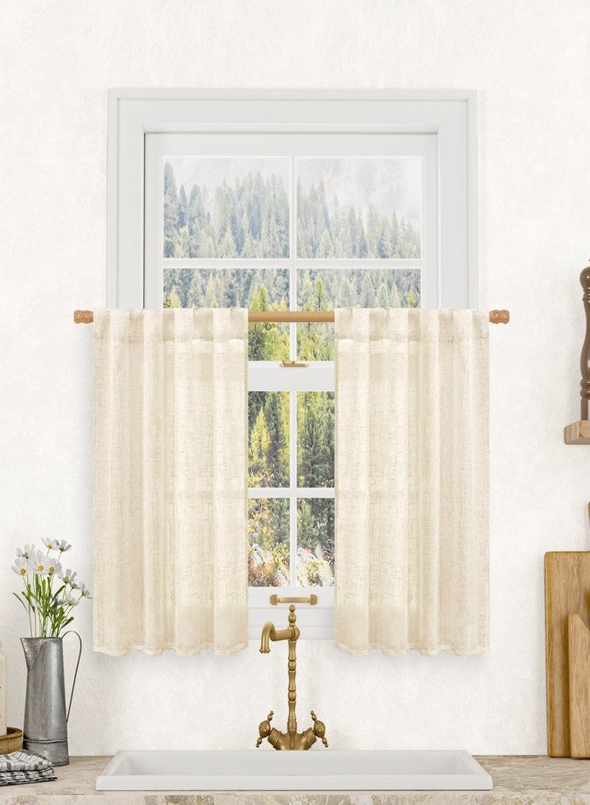 LAMIT Short Linen Window Curtains 30 Inches Long 2 Panels, Beige Semi Sheer Light Filtering Panels Back Tab and Rod Pocket Neutral Drapes for Basement/Small Windows, 34 x 30 Inch - Image 1
