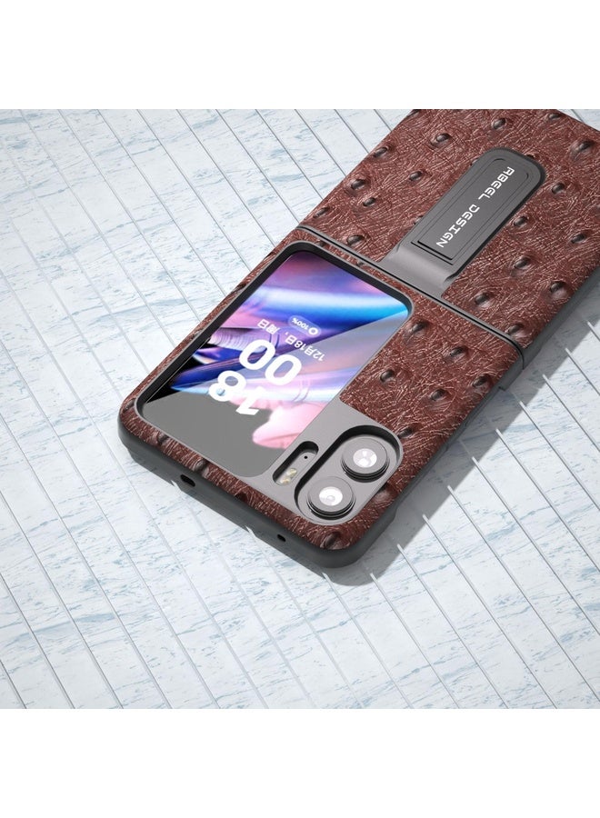 Case Cover For OPPO Find N2 Flip ABEEL Genuine Leather Ostrich Texture Phone Case with Holder(Coffee)