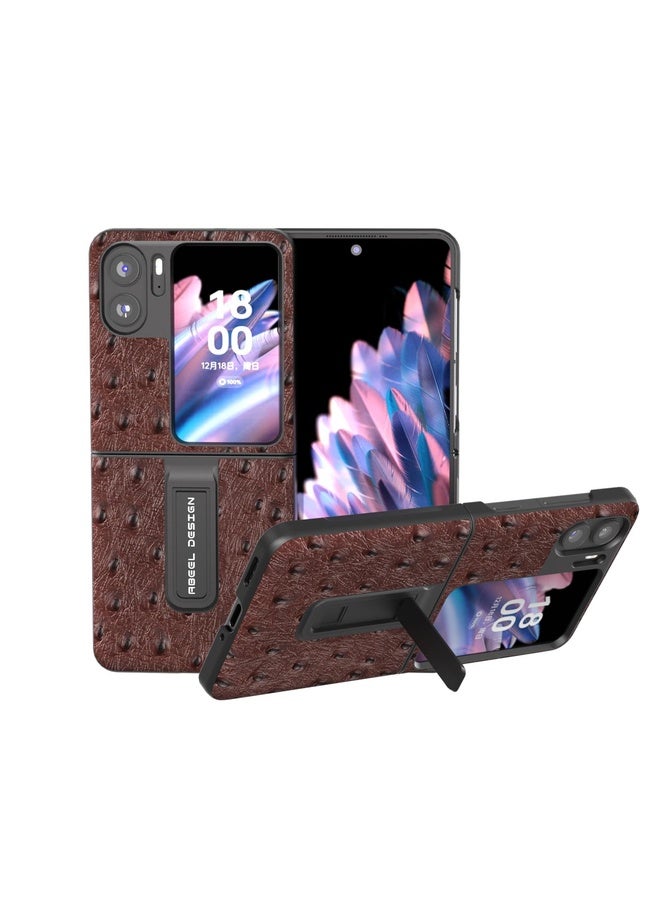 Case Cover For OPPO Find N2 Flip ABEEL Genuine Leather Ostrich Texture Phone Case with Holder(Coffee)