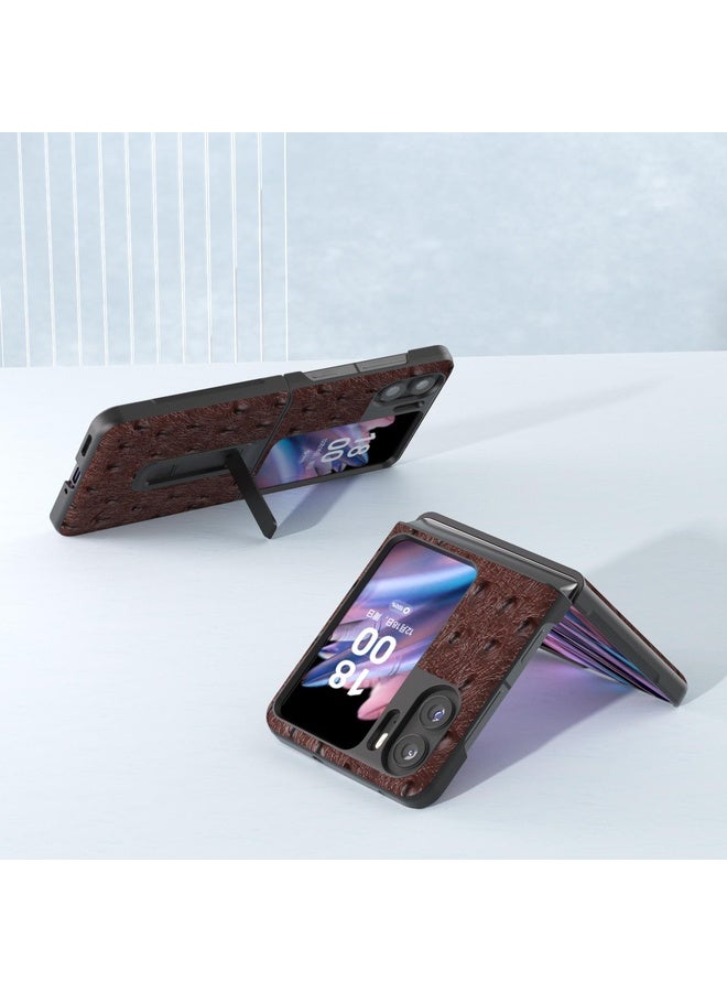 Case Cover For OPPO Find N2 Flip ABEEL Genuine Leather Ostrich Texture Phone Case with Holder(Coffee)