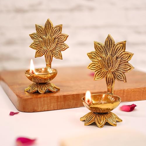 Behoma 100% Pure Brass Lotus Diya Set of 2 for Puja | Traditional Handcrafted Brass Oil Lamp Diya for Home, Temple, Office, Pooja Room Decoration, Festive Rituals & Housewarming Gift Item - Image 4