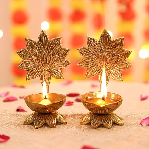 Behoma 100% Pure Brass Lotus Diya Set of 2 for Puja | Traditional Handcrafted Brass Oil Lamp Diya for Home, Temple, Office, Pooja Room Decoration, Festive Rituals & Housewarming Gift Item - Image 1